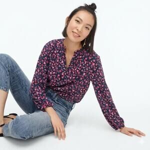 J.Crew Open V-Neck Dotted Floral Top Blouse Navy Blue Pink Size Small